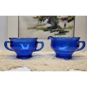 L.E. Smith Cobalt Blue Sugar & Creamer Set Mt. Pleasant Collection Vintage Glass